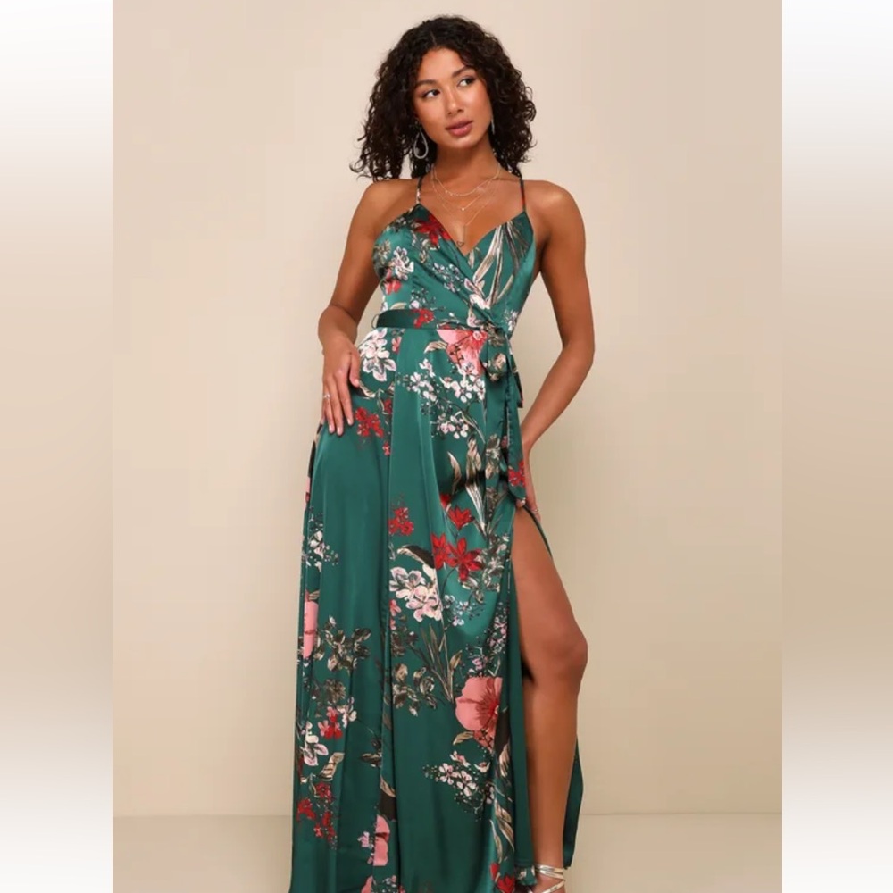 Lulus Still the One Emerald Green Floral Print Satin Maxi Dress / Satin Dress